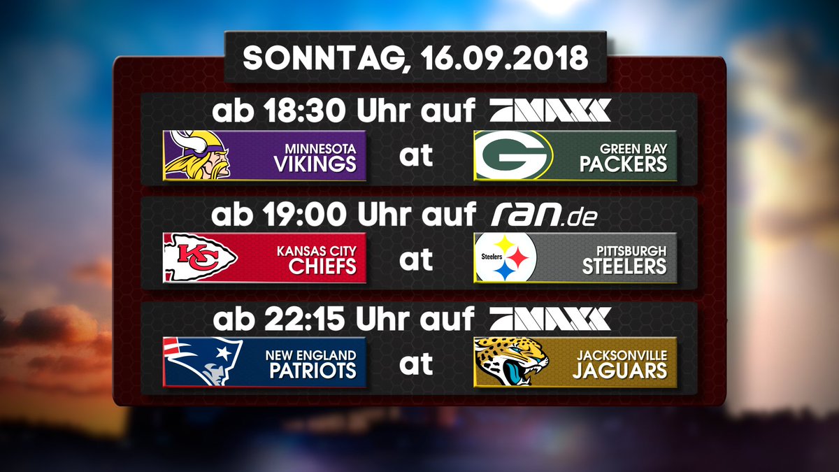 ProSiebenMAXX's tweet photo. #Woche2 #ranNFL:
#MINvsGB @stecker_jan &amp; @BjoernWerner &amp; @Icke41 
#NEvsJAX @CSpengemann &amp; @EsumePatrick  &amp; @Icke41 
Stream only: #KCvsPIT @volkerschenk26 https://t.co/IaV72XrFG0