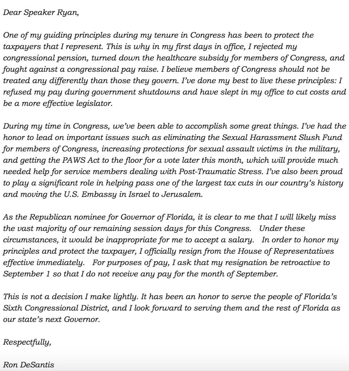 Benny on Twitter "DeSantis resignation letter says he has