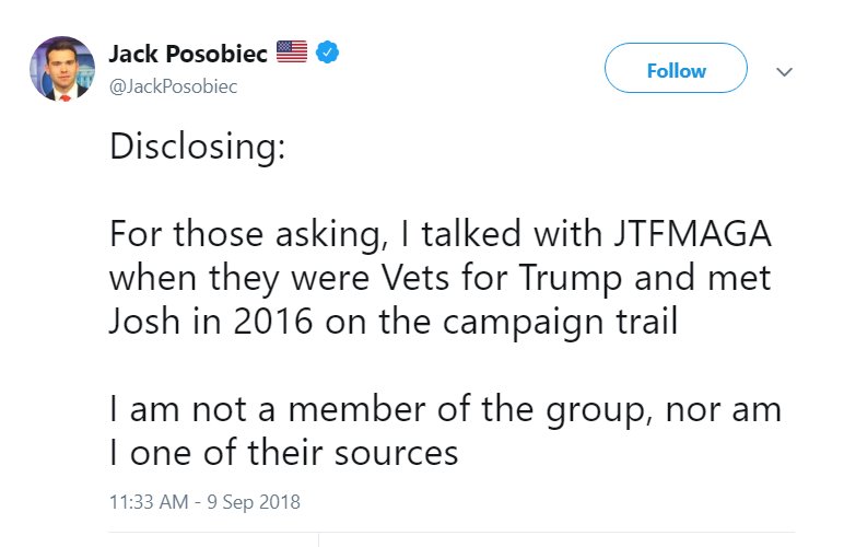 129)  #Qanon posted a link to a tweet by Jack Posobiec announcing that he is not a member or source for JTF-MAGA.