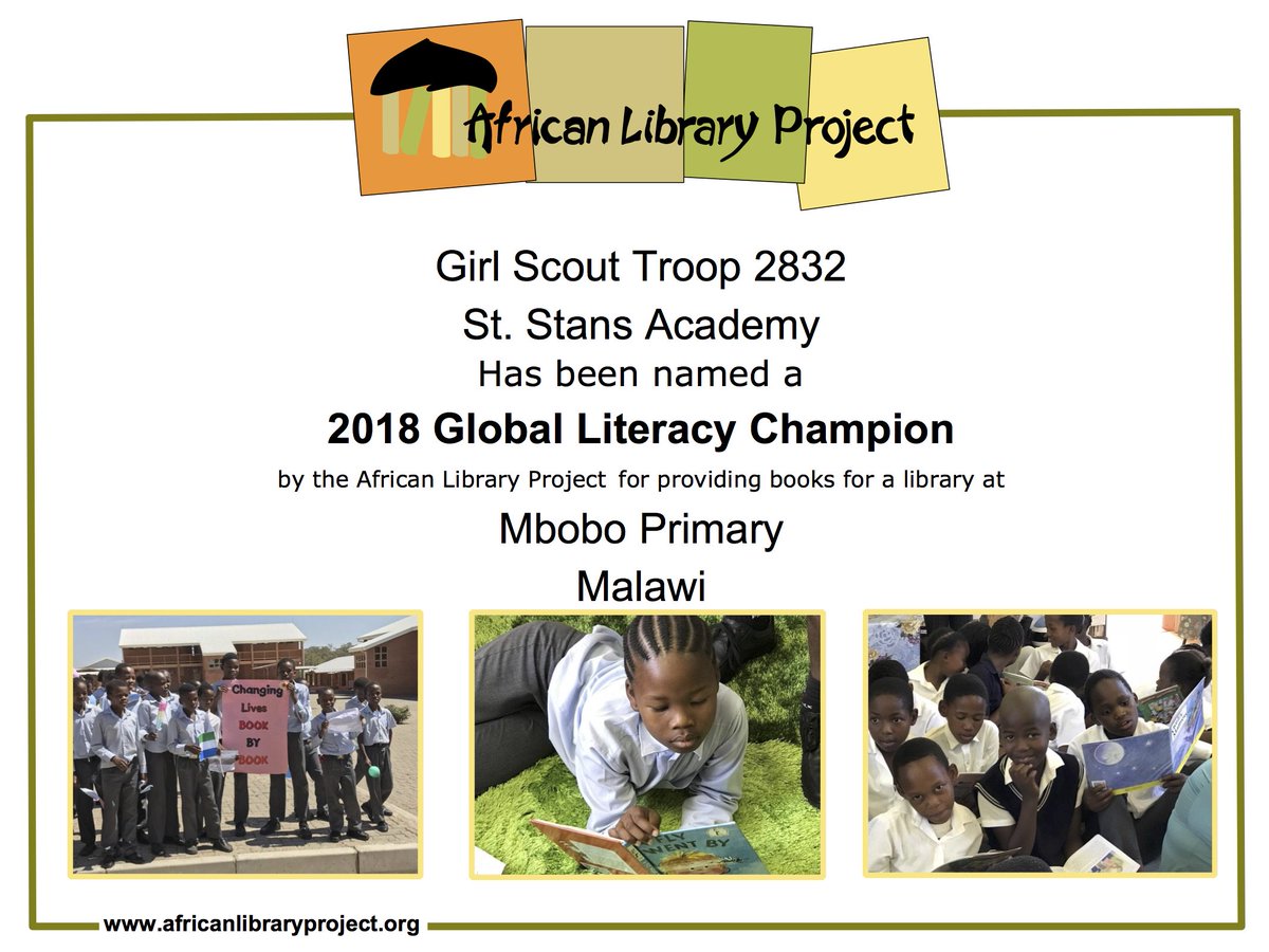 We congratulate our @GirlScoutsNYC Troop 2832 on being named #globalliteracy champions by <a href="/AfricanLibraryP/">AfricanLibraryProject</a> for their work building a library for Mbobo Primary in #Malawi!