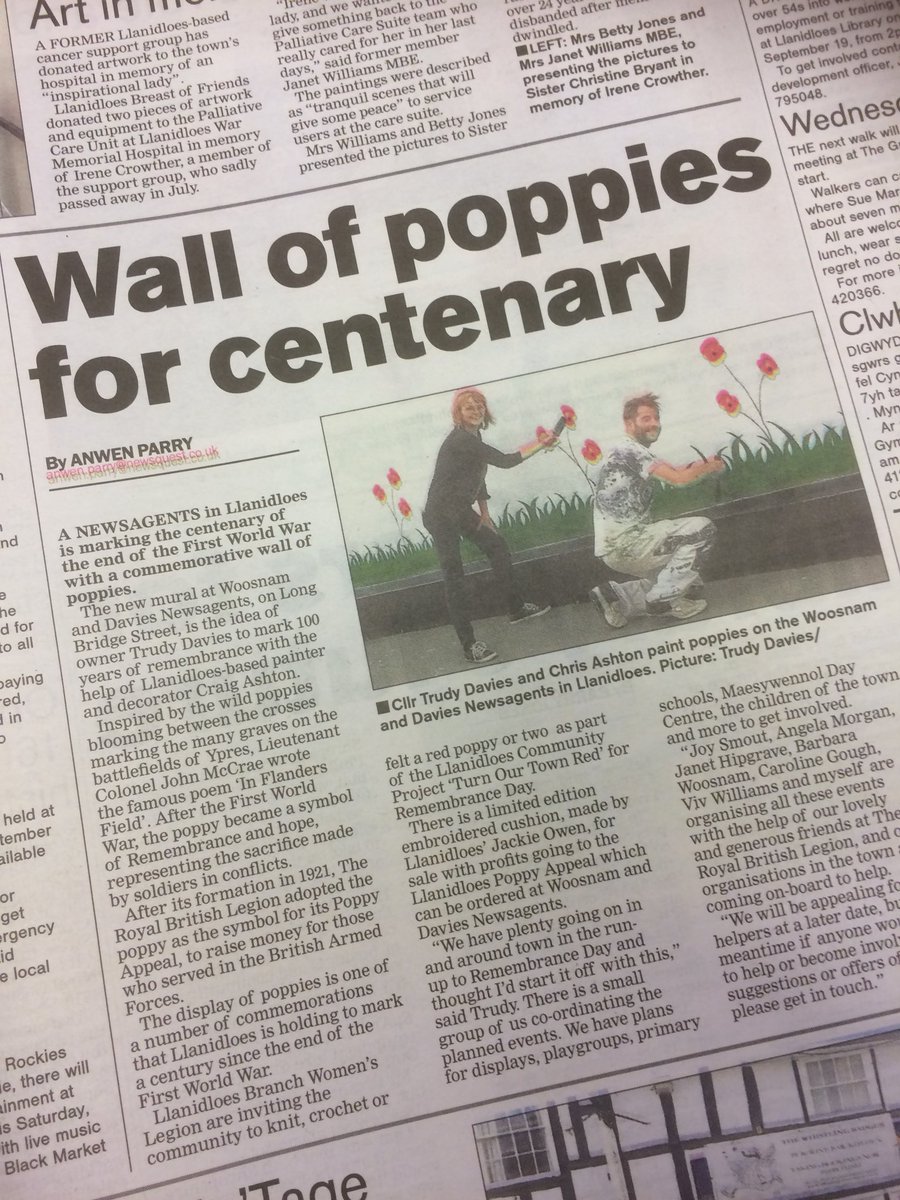 trudydavies1964's tweet image. Ohh, We made the headlines 
#CountdownToPeace
#TurnOurTownRed for remembrance 
powys 
#ShopLocal in #Llanidloes #Woosnam #CharityGiver #SupportUsWeSupportYou
#UseUsOrLoseUs #IAA18 @trudydavies1964  #NFRN @betterRetailing @NFRN_Online @IAAcademy
 @DerekTheWeather