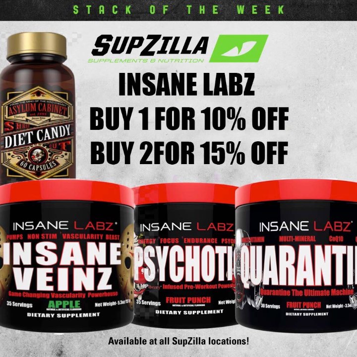 SupZilla's tweet photo. Stack of the Week: Buy any Insane Labz product for 10% OFF or Buy 2 for 15% OFF! https://t.co/c2QvE34Yz8