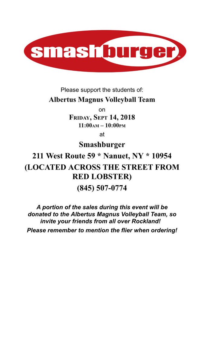 AMHSFalcons's tweet photo. Please support our @volleyballAMHS team fundraiser at Smashburger on Friday, September 14 from 11:00-10:00PM! Please don’t forget to mention Albertus Magnus when ordering! @AlbertusHS @FalconNati0n https://t.co/T7ZjzAwiv4