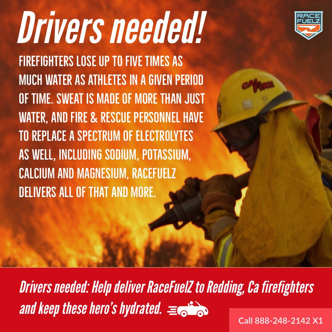 Help needed! Volunteers needed to deliver RaceFuelZ to the Redding / Shasta area. Help support these hero’s &amp; keep them hydrated. Call 888-248-2142 x1 to schedule a pick up and to learn more. #cawildfires #firefighter #healthy #healthyhydration #hydration #hero #go #whatfuelzyou