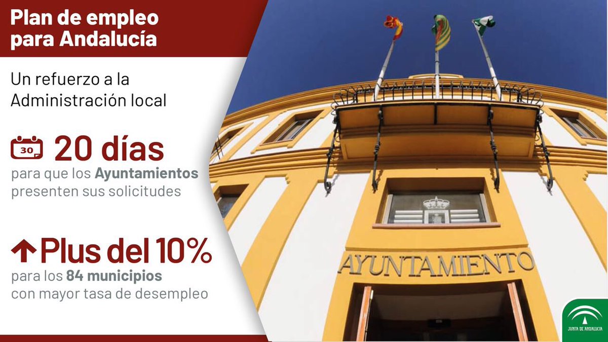EmpleoJunta's tweet photo. ✅🔛 Reforzamos la administración local con la nueva edición de los planes de empleo incorporando, como novedad en esta edición, que se añadirá un 10% más de fondos para aquellos municipios que tengan las tasas de paro más elevadas.
🔴 ¡Hasta el 4 de octubre!
#PlanesEmpleo https://t.co/UyAPycqdL9