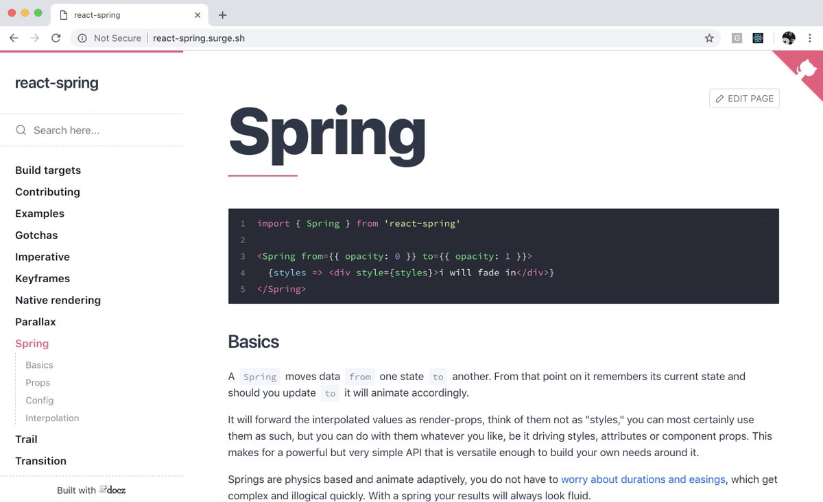 0xca0a's tweet image. react-spring finally has a proper documentation: react-spring.surge.sh built with #docz, live playgrounds, prop descriptions, lots of examples and snippets. Thanks to all of you that use it, contribute to it, open issues, it&apos;s been so much fun to see it evolve! 🍾💥🎉