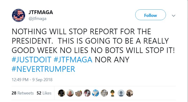 131) JTF-MAGA is behind a group of pro-Trump vets and Intelligence Community whistleblowers.They've promoted the website "Report For the President" #Qanon  https://twitter.com/jtfmaga/status/1038877142149423104
