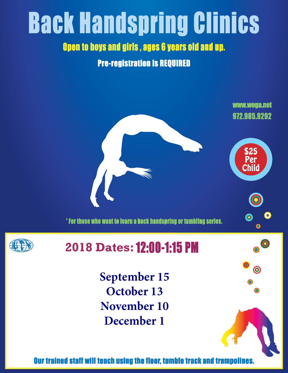 Back Handspring Clinics - mailchi.mp/db09713fdb8c/h…
Does your child want to get a back handspring or tumbling series? Come to WOGA in Plano!