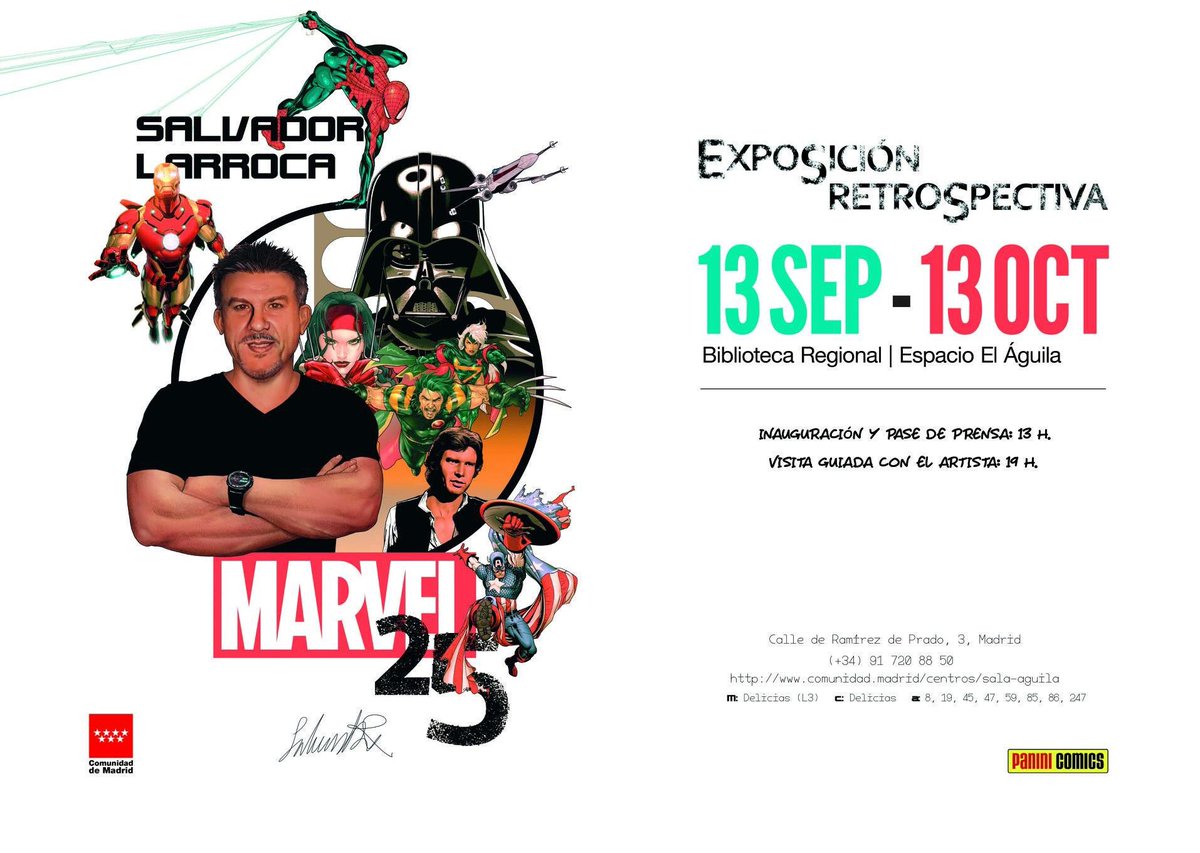 SalvadorLarroca's tweet photo. Tomad buena nota de estos dos eventos: Jueves, 13; 13 h. inauguro exposición “25 años en Marvel Cómic”. A las 19 h. haré otra visita guiada; viernes, 14; de 18 a 20 h firmas en @omegacenter0 Os espero!
#Larroca25Marvel #ExpoLarroca #cómic #marvel #25Años #Larroca #Arte #Dibujo https://t.co/PMU109Ux3G