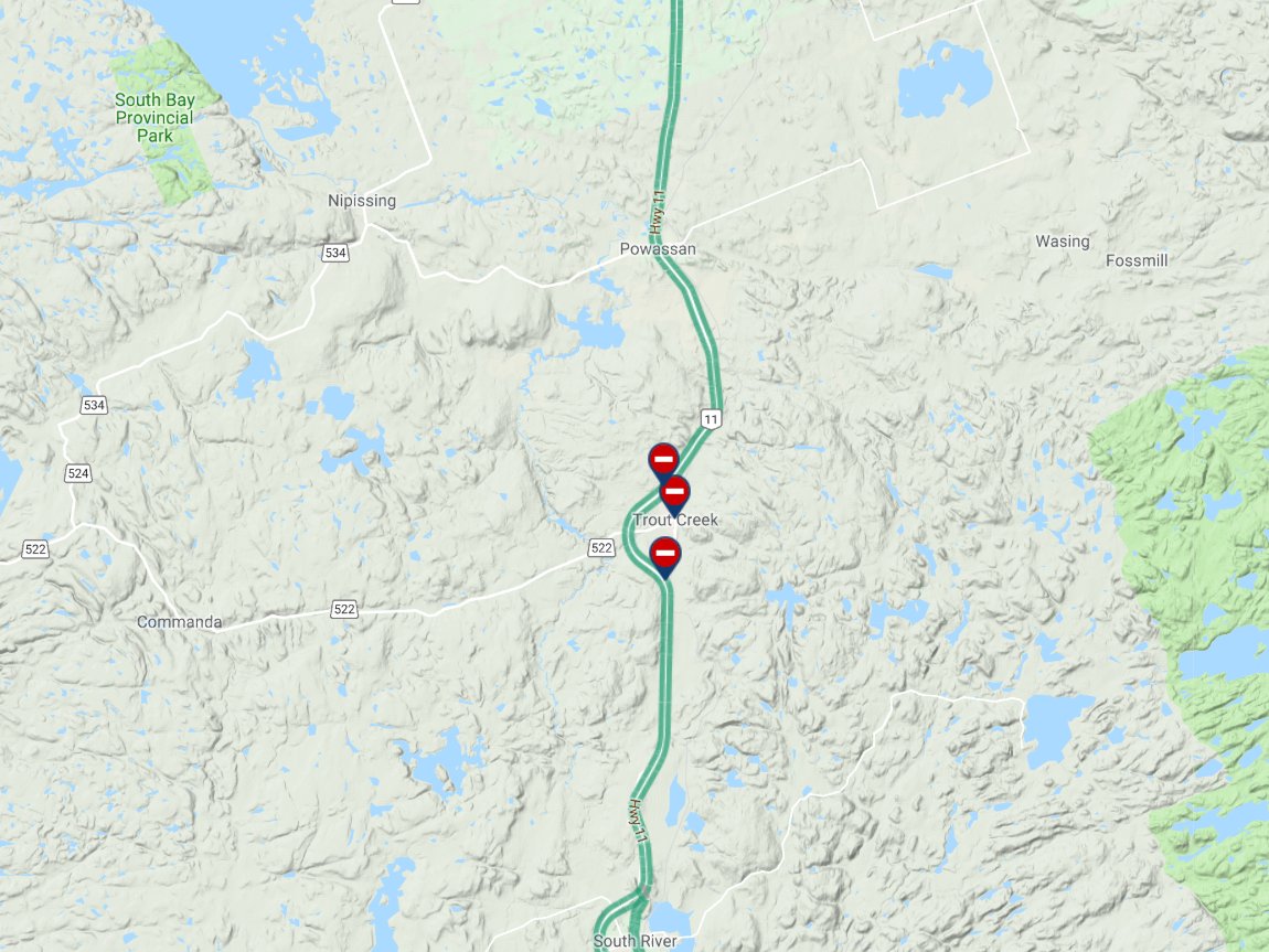 Ontario511's tweet image. #TroutCreek: #RTE522 &amp;amp; #RTE522B sont fermées dans les deux directions à #RTE11 en raison d'une fuite de gaz naturel. Pas d'accès pour Trout Creek, évacuation en place. #ONRtes