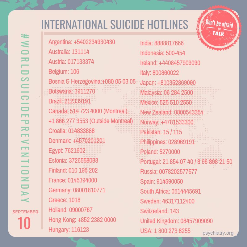 You have survived 100% of your bad days so far. You might not feel strong, but I promise that you are.

Reach out to your friends and don't be afraid to admit when you need a little help. No person is an island. You don't have to go through this alone.

#WorldSuicidePreventionDay