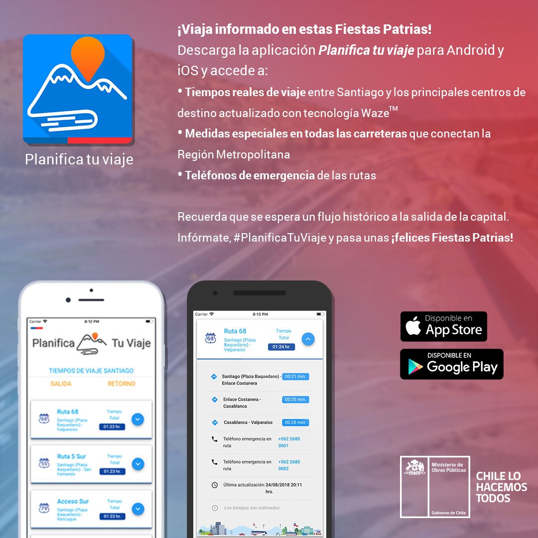mop_chile's tweet photo. Si vas a salir de Stgo para estas #FiestasPatrias, descarga la app #PlanificaTuViaje y accede a:
•Teléfonos de emergencia de las rutas
•Medidas especiales por carretera
•Traslados en tiempo real con tecnología Waze

Android https://t.co/7YxJP21GpH
iOS https://t.co/S8vzQhYB3G https://t.co/qsxYah9cCm