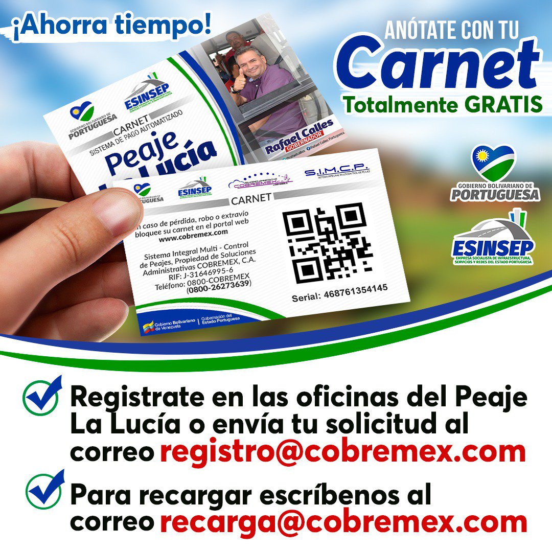 ESINSEPSA's tweet image. ¡AHORRA TIEMPO! Registraté en las  oficinas del Peaje La Lucia,  y opten tu carnet para el sistema de pago,
también puedes hacer la solicitud al correo: registro@cobremex.com es totalmente gratis. ¡Vamos y anótate! #Esinsep #GobiernoBolivariano #PortuguesaPotencia @NicolasMaduro