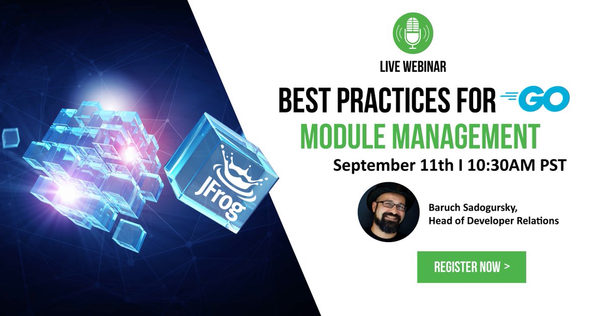 jfrog's tweet image. Join us a tomorrow, at 10:30AM PST in a #webinar on Go Module Management. Learn the best practices related to dependency management, versioning, and how to care for your metadata.

Register Here &amp;gt;&amp;gt; okt.to/wiMKpq &amp;lt;&amp;lt; 

#GoDevelopers #DevOpsProfessionals #JFrogWebinars