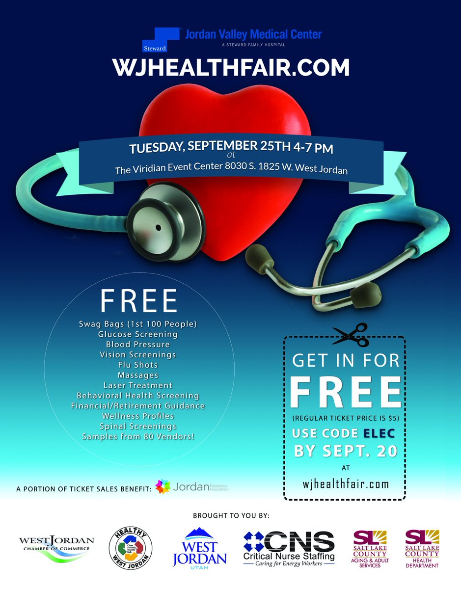 Free Screenings, Flu Shots, Information and Prizes from over 50 vendors. FREE Swag Bags for the First 100 people at the Health Fair on Tuesday, September 25th at the Viridian Events Center in West Jordan Sponsored by @JordanValleyMed ! Go to WJHealthFair.com