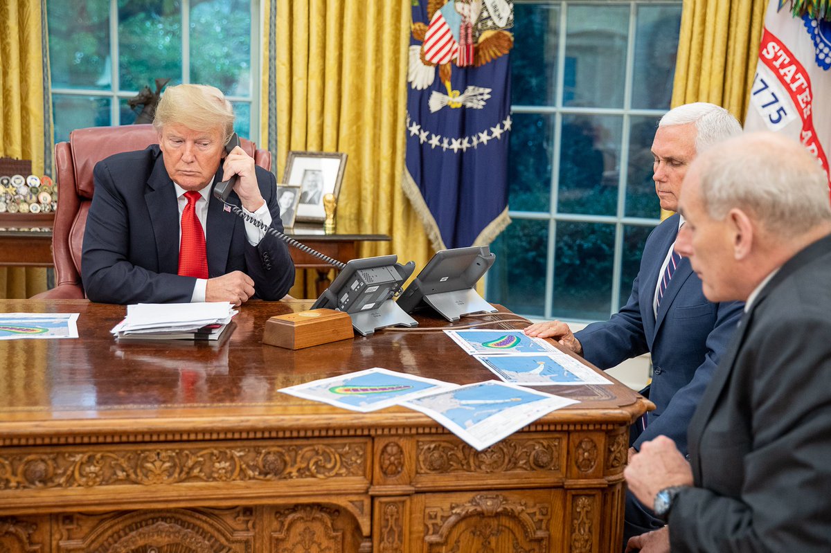 realDonaldTrump's tweet image. Was just briefed via phone by @DHSgov @SecNielsen and @FEMA @FEMA_Brock, along with @VP Mike Pence and Chief of Staff, John Kelly on incoming storm which is very dangerous. Heed the directions of your State and Local Officials - and know that WE are here for you. Be SAFE!