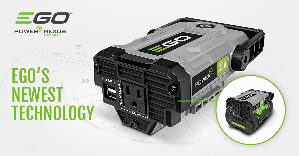 Introducing the EGO Nexus Escape. Slide it onto any of your EGO ARC Lithium batteries to get a 150 watt A/C outlet and two USB outlets.Learn More: bit.ly/2CCnBTS