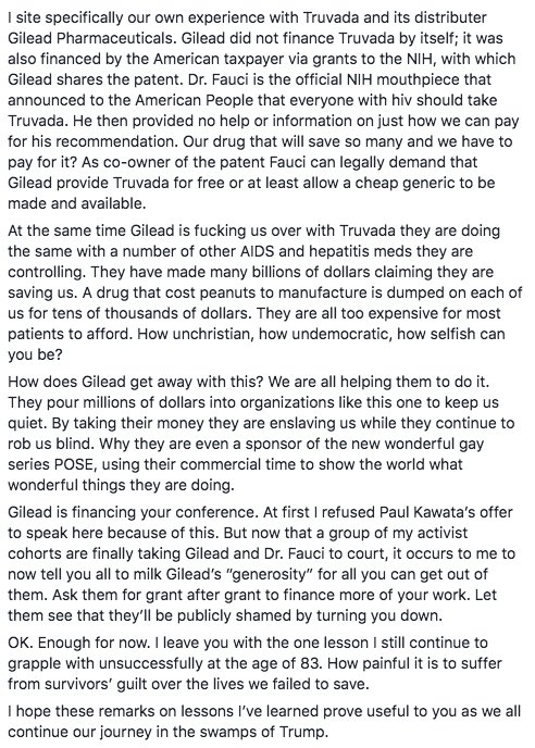mynameisjro's tweet photo. Fucking wild. The #USCA aka the United States Conference on AIDS cut out parts of Larry Kramer's speech that called out @GileadSciences for profiteering off HIV prevention and treatment drugs. See his post here. #2018USCA https://t.co/EEgYDuRxHQ