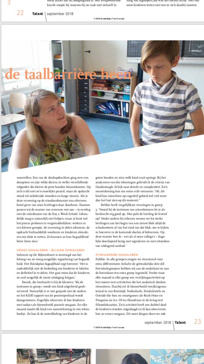 obsbijlmerhorst's tweet photo. Nu in de september uitgave van het tijdschrift Talent. Onze leerkrachten  @Debdus en @DoanhTruong samen in een artikel over meer- en hoogbegaafdheid op een multiculturele school (https://t.co/44iZXoIQwd). Mooi werk van zelfstandig onderwijsjournalist @CarlaMondig! https://t.co/bfncfOWLJT