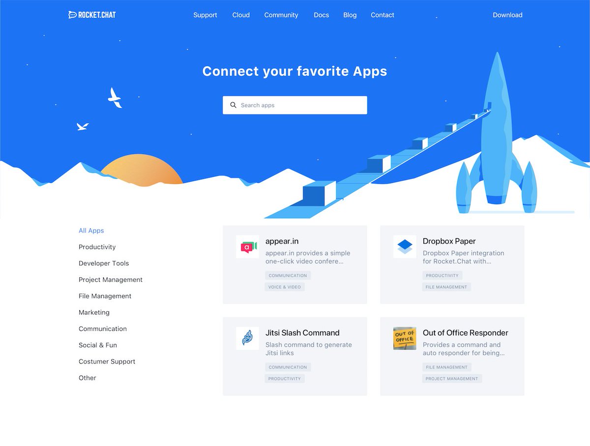 RocketChat's tweet photo. https://t.co/yQEXUIlZmA Marketplace is now live! Update https://t.co/yQEXUIlZmA to 0.69 to start building, browsing, and downloading apps to customize your 🚀!
Check out this interview with CEO Gabriel Engel for his take on our brand new app ecosystem: https://t.co/fa5s3yCh2F https://t.co/NOIaBEdhaH