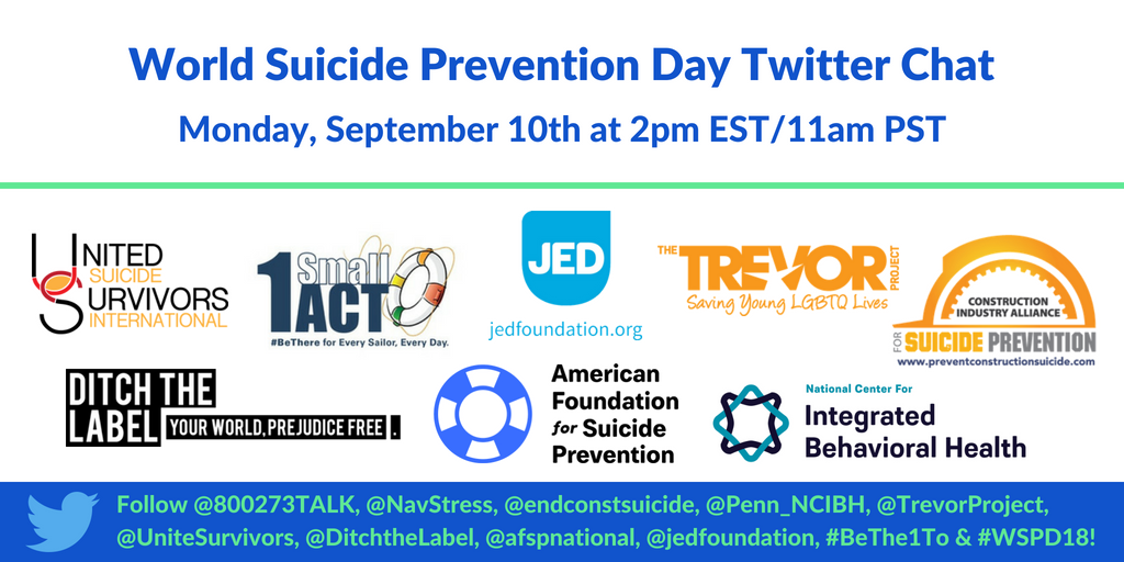 Less than 10 minutes until our #WorldSuicidePreventionDay #BeThe1To Twitter Chat! Will you be joining us? Reply with a 👍🏼!