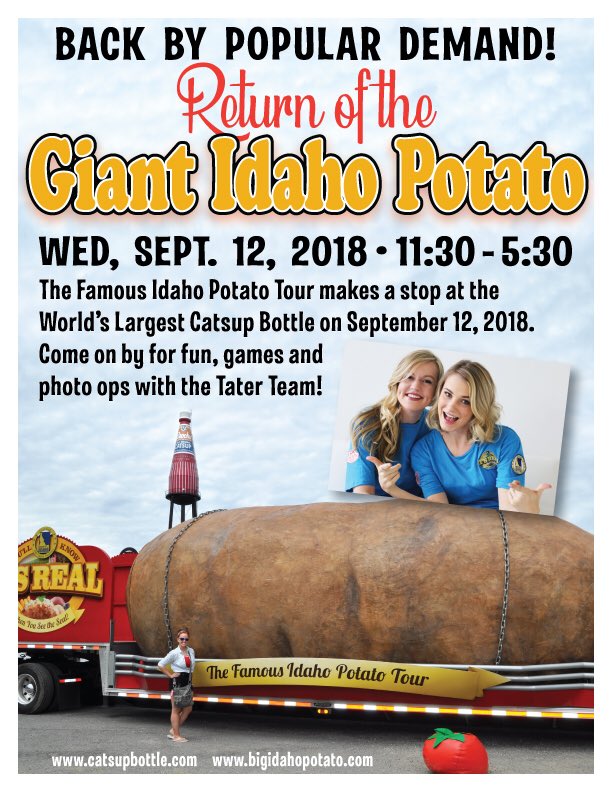 Catsup with the Giant Idaho Potato Truck! Meet the Tater Team this Wednesday Sept 12! 11:30-5:30 #spudtacular #sizematters @bigidahopotato #collinsville #catsupbottle