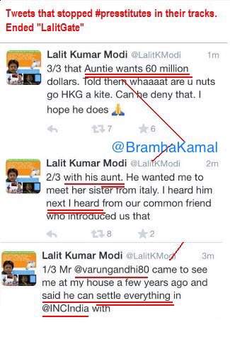 BramhaKamal's tweet image. #BharatBandh

Just heard Arnab Goswami boasting about #LalitGate on his @republic debate.

Will he explain why he went silent as soon as Lalit Modi wrote these Tweets?

Was his Lalit Gate only to target BJP? 
But as soon as Sonia Gandhi’s name was revealed, he shut up!
...