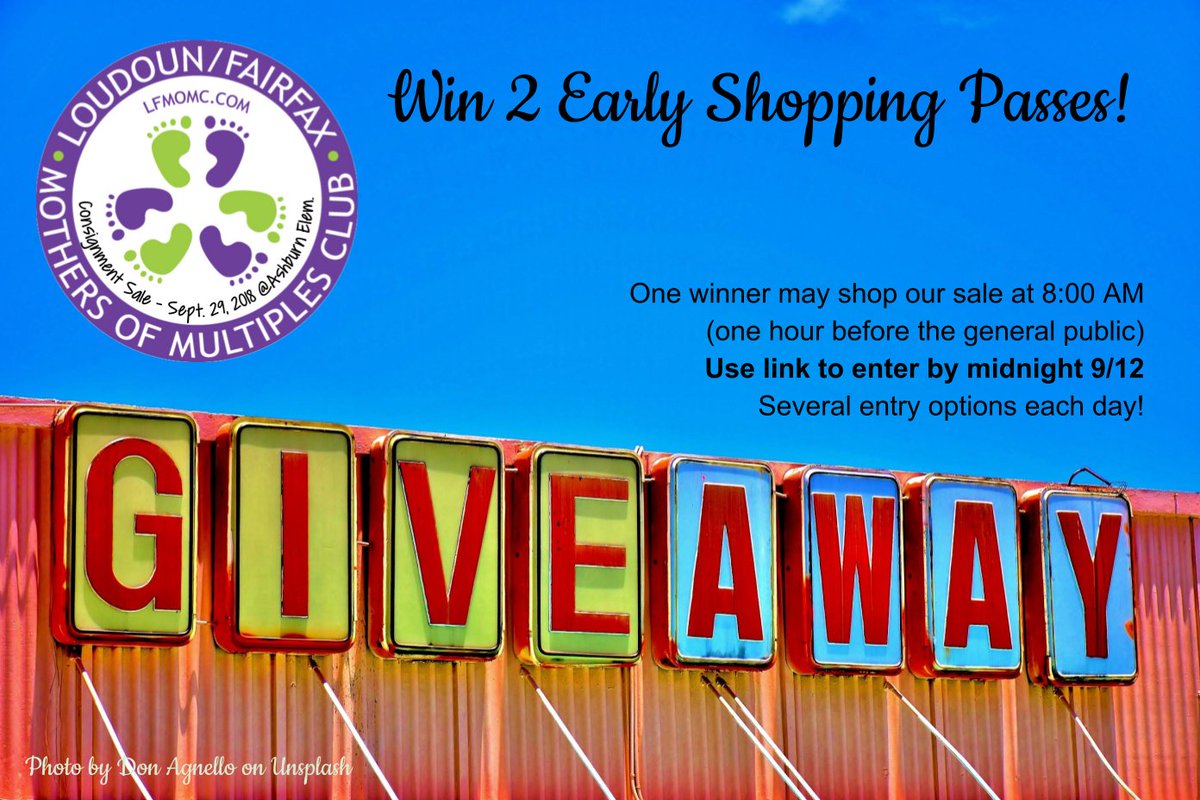 lfmomcsale's tweet image. Enter to win 2 Early Shopping Passes for our fall sale on 9/29, several options for multiple entries. Must enter before midnight on Wednesday 9/12. Winner announced Thursday. rafflecopter.com/rafl/display/8… #entertowin #earlyshopping #kidsconsignment #lfmomc #lfmomcsale #win #giveaway
