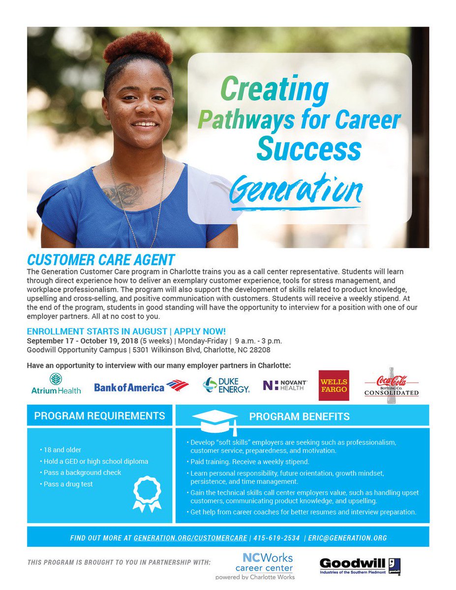 CharlotteWorks's tweet photo. The skills you need. The job you want. No-cost, paid customer care agent employment training in Charlotte that starts soon -- space is limited. #Generation #CharlotteWorks #Goodwill https://t.co/bunFm3bG19 https://t.co/LvbcxuIWFF