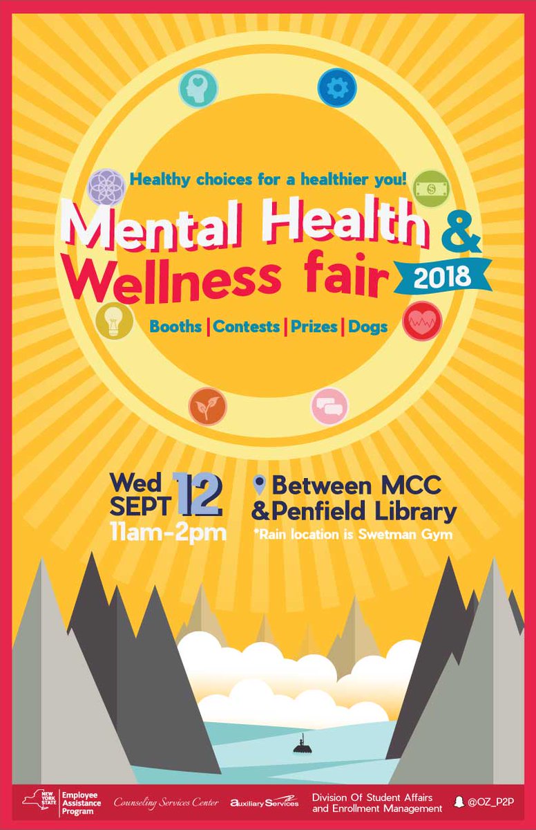 cscoswego's tweet image. Don’t forget to come win prizes and enjoy the Mental Health and Wellness Fair this Wednesday September 12 from 11am - 2pm. It will be located between MCC &amp;amp; Penfield Library. Rain location is Swetman Gym. #SUNYOSWEGO #mentalhealth #Wellness #MentalHealthandWellness #bouncehouse