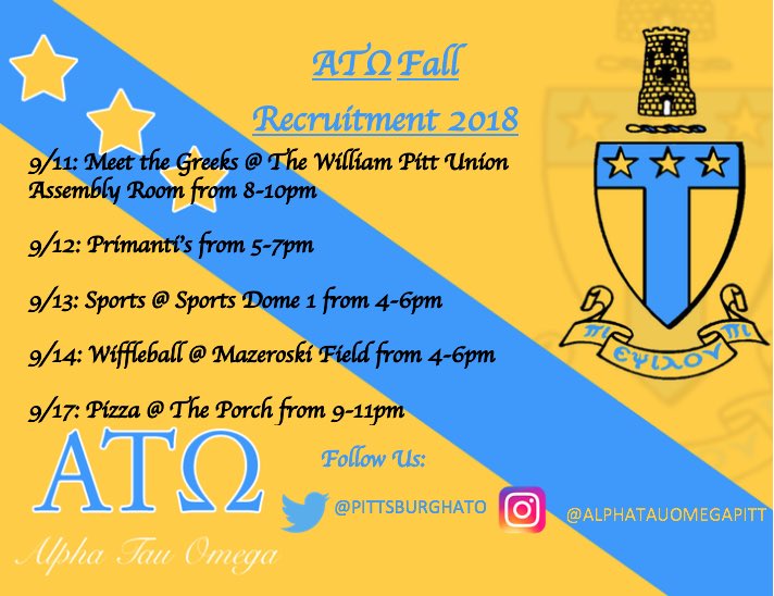 Fall Recruitment is here! Come out to meet the Greeks tomorrow at the William Pitt Union to meet our brothers! #ruhrahrega #alphatauomega