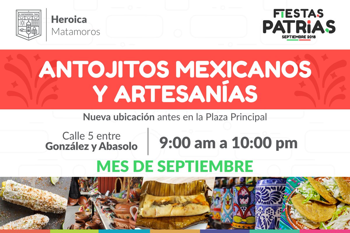 Este mes de Septiembre, los tradicionales Antojitos Mexicanos y Artesanías, estarán ubicados en la calle 5 entre González y Abasolo, desde las 9 am hasta las 10 pm ¡Vamos a disfrutar con nuestra familia!