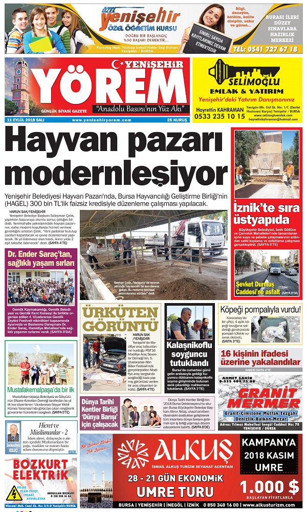 11 Eylül 2018 Salı. Yenişehir Yörem Gazetesi 1. Sayfası. Gazetemizin 12 Sayfasının tamamını yüksek çözünürlüklü okumak için yenisehiryorem.com adresine girip, "Gazetemizi Okudunuz mu? Hemen Tıklayın" bölümüne girebilirsiniz
