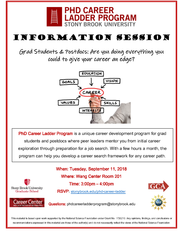 SBU_GCA's tweet photo. Be proactive in your career development! Check out the next info session for the new @sbuPCLP career mentoring group forming this Fall on Tuesday, Sept 11 at 3pm. #phdcareers https://t.co/Z6u5VPHVFJ