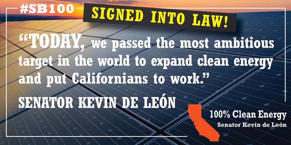 After years of hard work, #CA is officially on the path to 100% clean energy by 2045! We’re taking the future into our own hands - growing our economy and making sure our children can breathe clean air. #SB100 #ActOnClimate