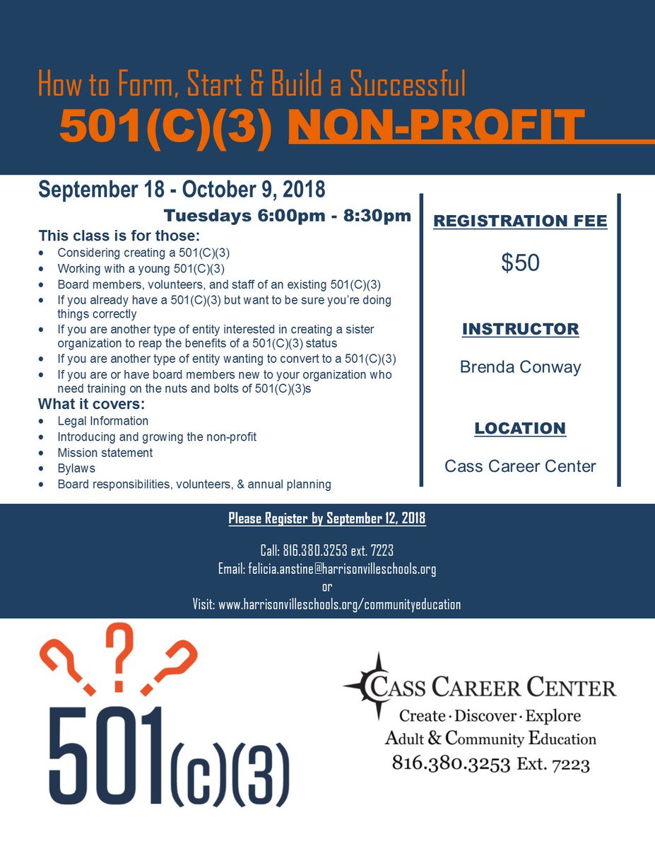 CCCCommunityEd's tweet image. If you own or work for a nonprofit, join us as we cover the steps necessary to obtain 501(c)(3) status. Enroll online at harrisonvilleschools.org/communityeduca… or call us at 816-380-3253 Ext. 7223. Instructor: Brenda Conway