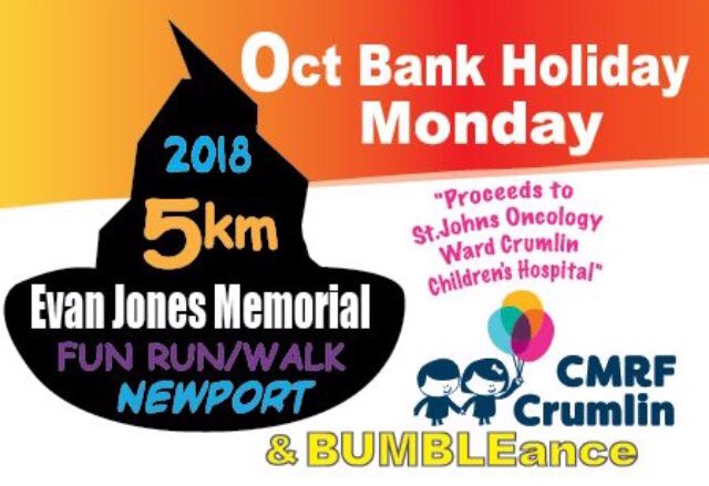 teamevanjones's tweet photo. Save the date! 
Monday the 29th of Oct for the "Evan Jones Memorial 5km Fun Run/Walk 2018".
It is a fantastic fundraiser with all the proceeds going to CMRF Crumlin &amp; Bumbleance Children's Ambulance Service this year.
We look forward to seeing you all there! https://t.co/RaFBVRdYLI