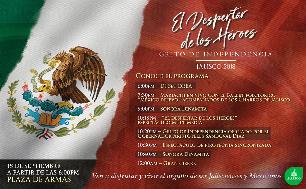 ¡Ven a celebrar con tu familia y amigos el orgullo de ser mexicano! te esperamos este próximo sábado 15 de septiembre en plaza de armas a partir de las 06:00 pm en la gran fiesta mexicana ¨El Despertar de los Héroes¨<a href="/GobiernoJalisco/">Gobierno de Jalisco</a> #VivaMexico  #GritoIndependencia2018
