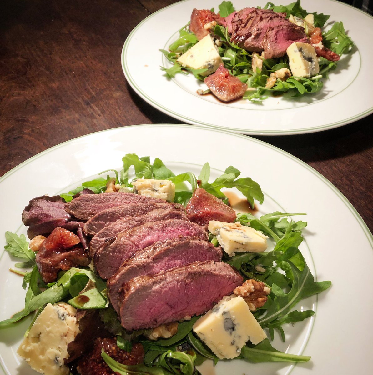 GametoEat's tweet photo. Next level cheffing from an amateur! Venison loin with a fig, walnut and blue cheese rocket salad! #gameon #gamemeatmonday https://t.co/m0alORm3sC