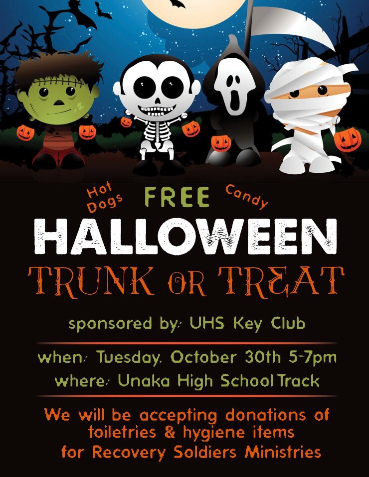 UnakaElementary's tweet photo. Don’t miss Trunk or Treat at Unaka High School! October 30th from 5-7. Donations of toiletries and hygiene items will be accepted for Recovery Soldiers Ministries. We hope to see you there! 🎃 https://t.co/GOuQYrWhQ8
