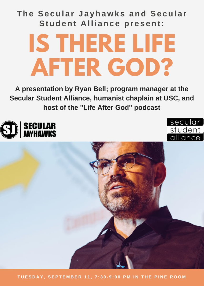 secularjayhawks's tweet image. Happening tomorrow: "Is There Life After God?" a presentation by Ryan Bell. In this presentation, Ryan will detail his journey from pastor to heathen during his experiment "A Year Without God." 

More information: facebook.com/events/2292810…