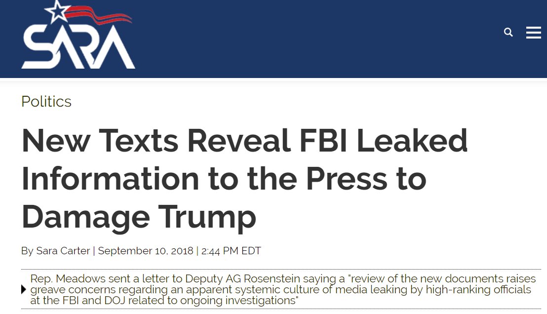 152) Mark Meadows sent a blistering letter to [Rod Rosenstein] about new text messages that show how top members of the FBI & DOJ coordinated in leaking information to the press to hurt Donald Trump.  #Qanon  https://saraacarter.com/new-texts-reveal-fbi-leaked-information-to-the-press-to-damage-trump/