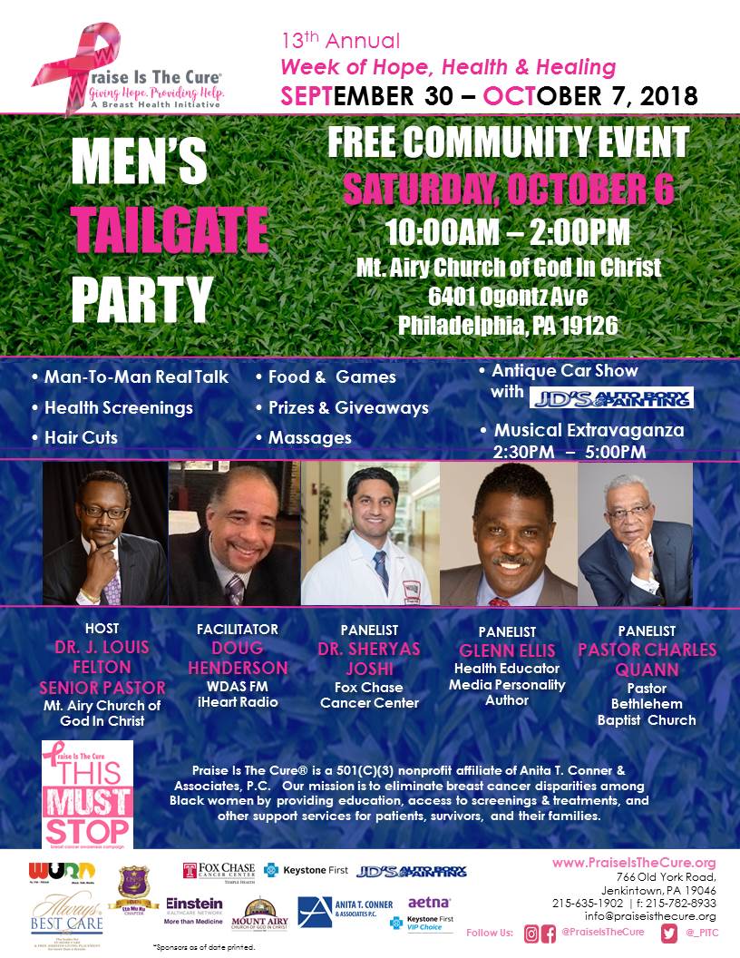 _PITC's tweet photo. Omega Psi Phi Fraternity Inc. Eta Mu Nu chapter are hosting this year's Men's Tailgate Party! Get all the bros you know to come out. Health screenings, good food and great conversation about Men's Health! For more information, call 215-635-1902 #men #menshealth #praiseisthecure https://t.co/BCvGI7pjqV