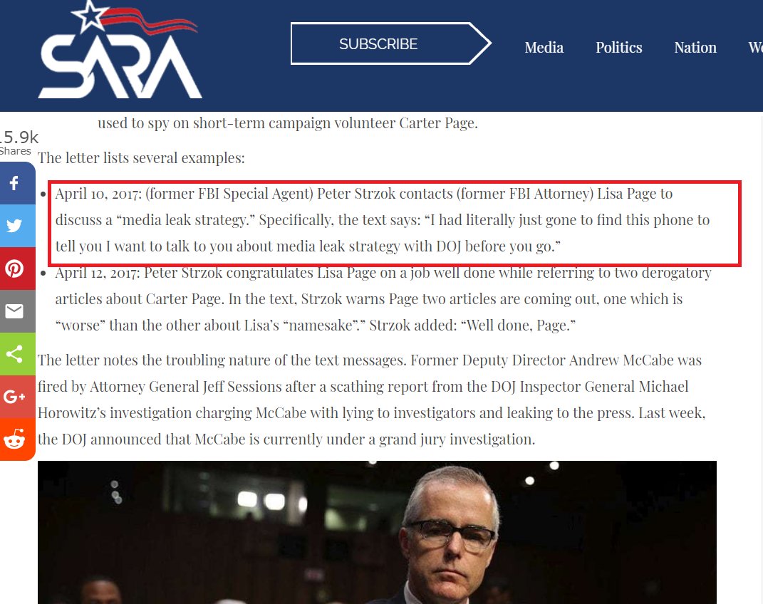 153) Newly released text messages between Peter Strzok and Lisa Page describe a "media leak strategy" between the FBI & DOJ.Not sketchy at all...  #Qanon  https://saraacarter.com/new-texts-reveal-fbi-leaked-information-to-the-press-to-damage-trump/