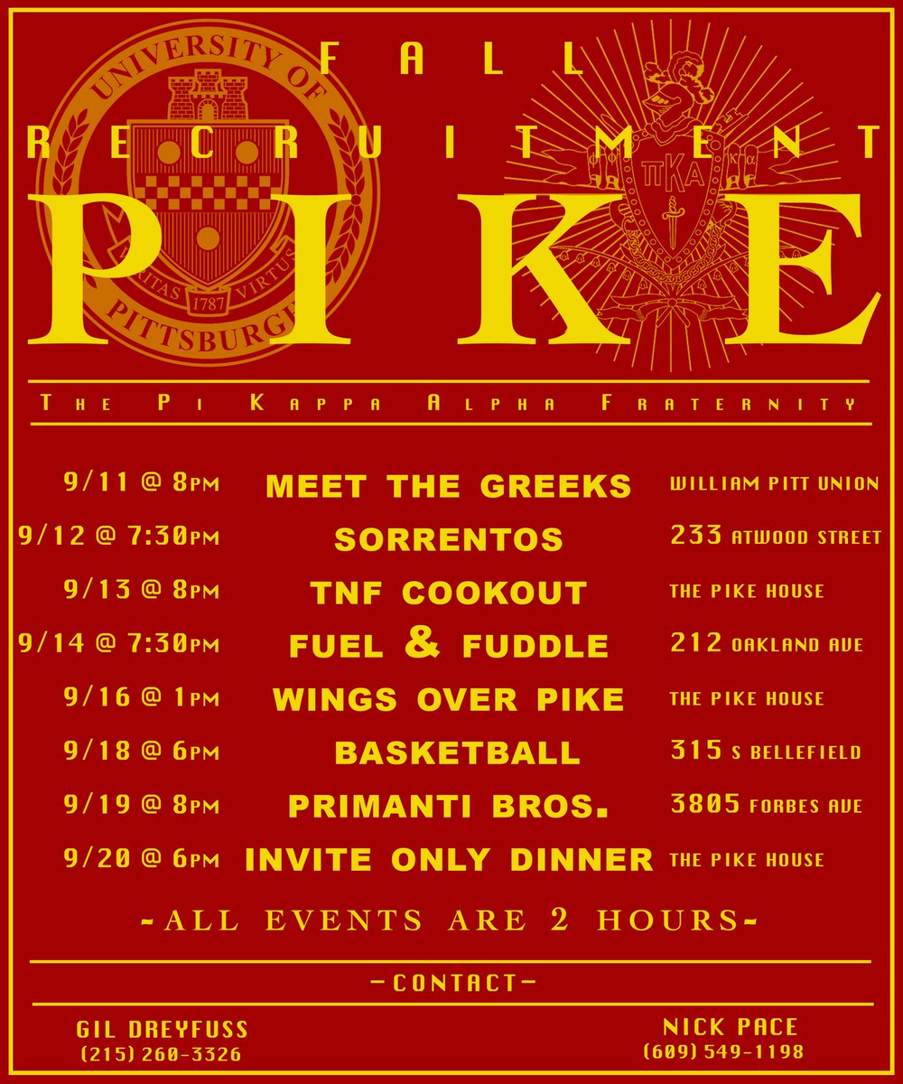 Fall recruitment season is here! Looking forward to meeting everyone at the William Pitt Union tomorrow at 8pm! #φφκα 
UPDATE: 
9/11 Meet the Greeks - 8:00pm 
9/12 Sorrentos - 7:30pm