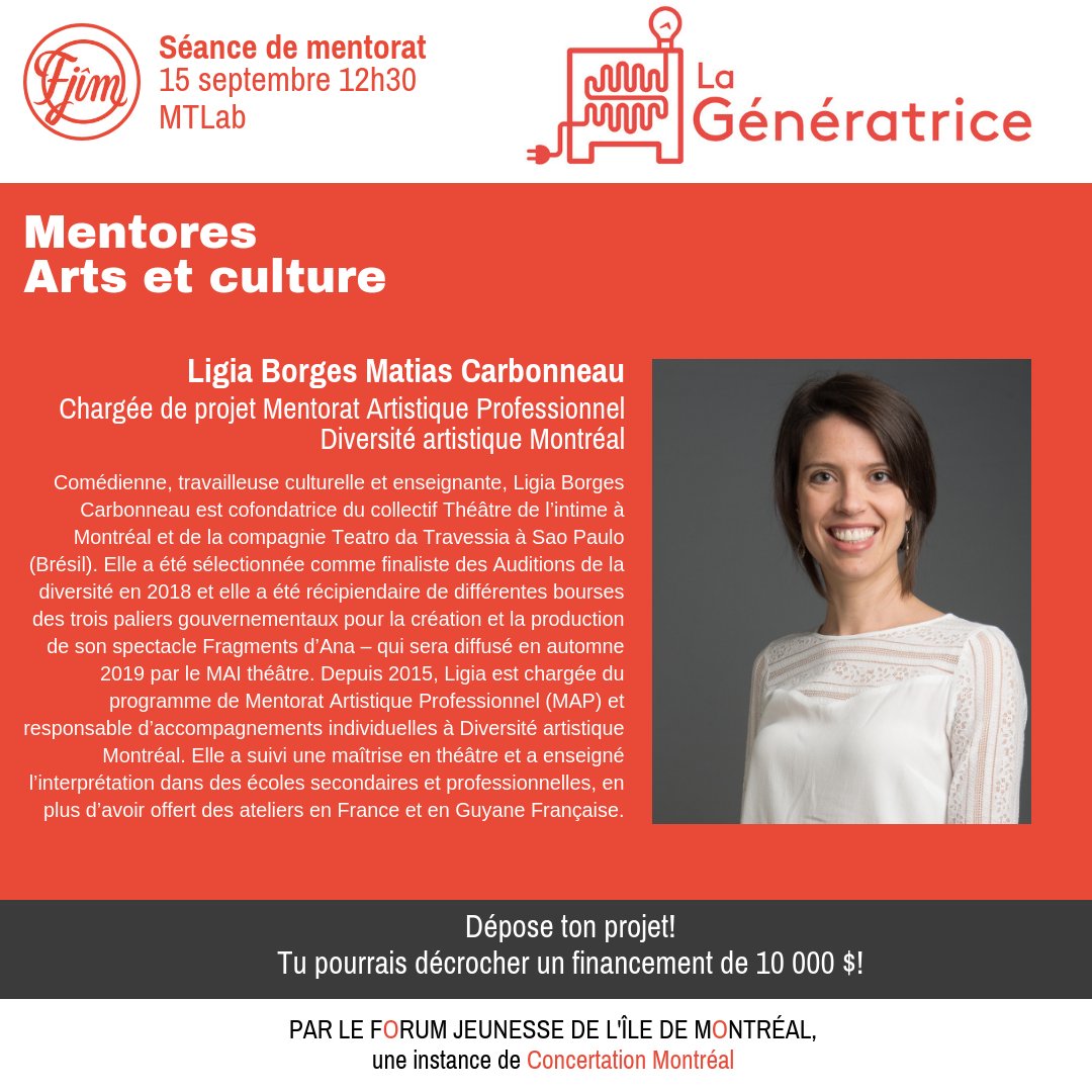 Assiste à la séance de mentorat gratuite de #LaGeneratrice le 15sep et obtiens l'appui d’expert.e.s pour peaufiner tes idées. Voici les mentores de la Table Arts et culture: Marie-Lou Bariteau du <a href="/CJEMCV/">CJE Mtl Centre-ville</a> et Ligia Borges Carbonneau de <a href="/DAMinfo/">DAM</a> Inscriptions: bit.ly/2O6pREt