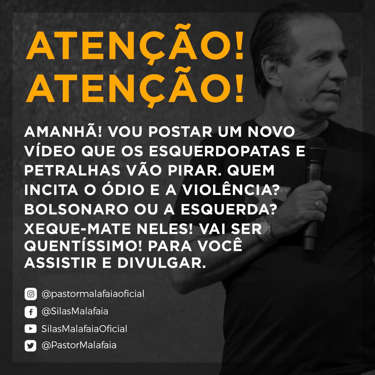 Silas Malafaia on X: Amanhã um vídeo imperdível! Quem incita o ódio e a  violência? Bolsonaro ou a esquerda? Vai ser quentíssimo! Aguarde!   / X