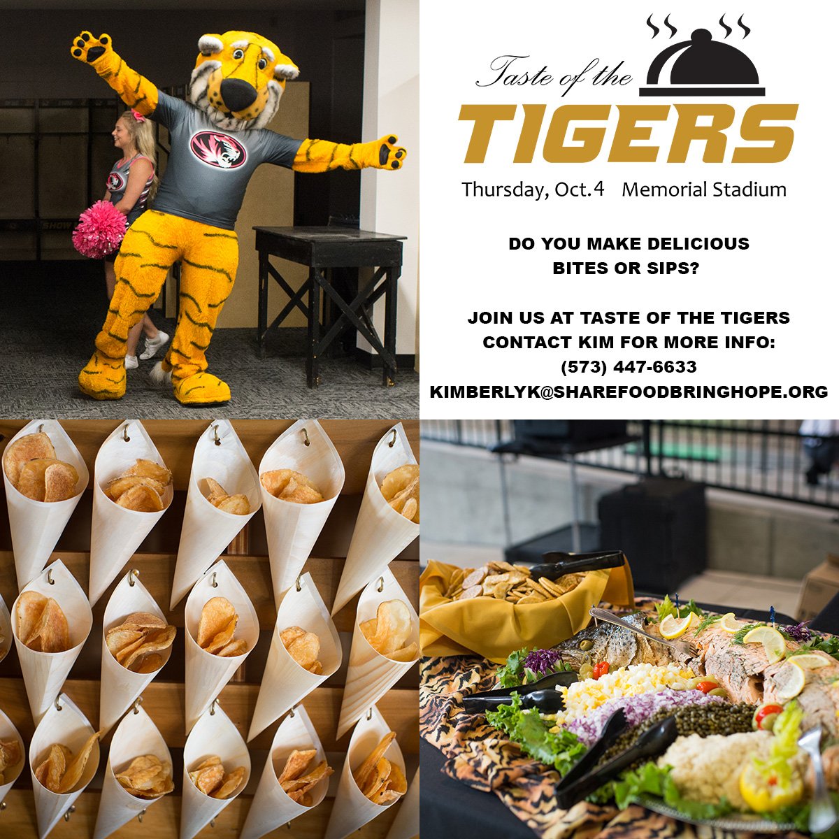 TheFoodBankMO's tweet photo. Would you like to help us #ScoreAgainstHunger? Taste of the Tigers is a great opportunity! We are still looking for auction items and vendors to participate in this one-of-a-kind, tailgate themed event on Oct. 4. More info here: https://t.co/Etbe7EOPgv
#sharefoodbringhope https://t.co/zIIEustXJG