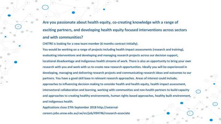 CHETRE_au's tweet photo. We're hiring! Are you a researcher in #healthequity #HIA #healthycities, working with communities, #intersectoral collaboration, #healthybuiltenvironment #indigenoushealth #decisionsupport #locationaldisadvantage? Apply by 27 Sept. For more information - https://t.co/ISLA8Yq7vG https://t.co/lV1nMvlruD