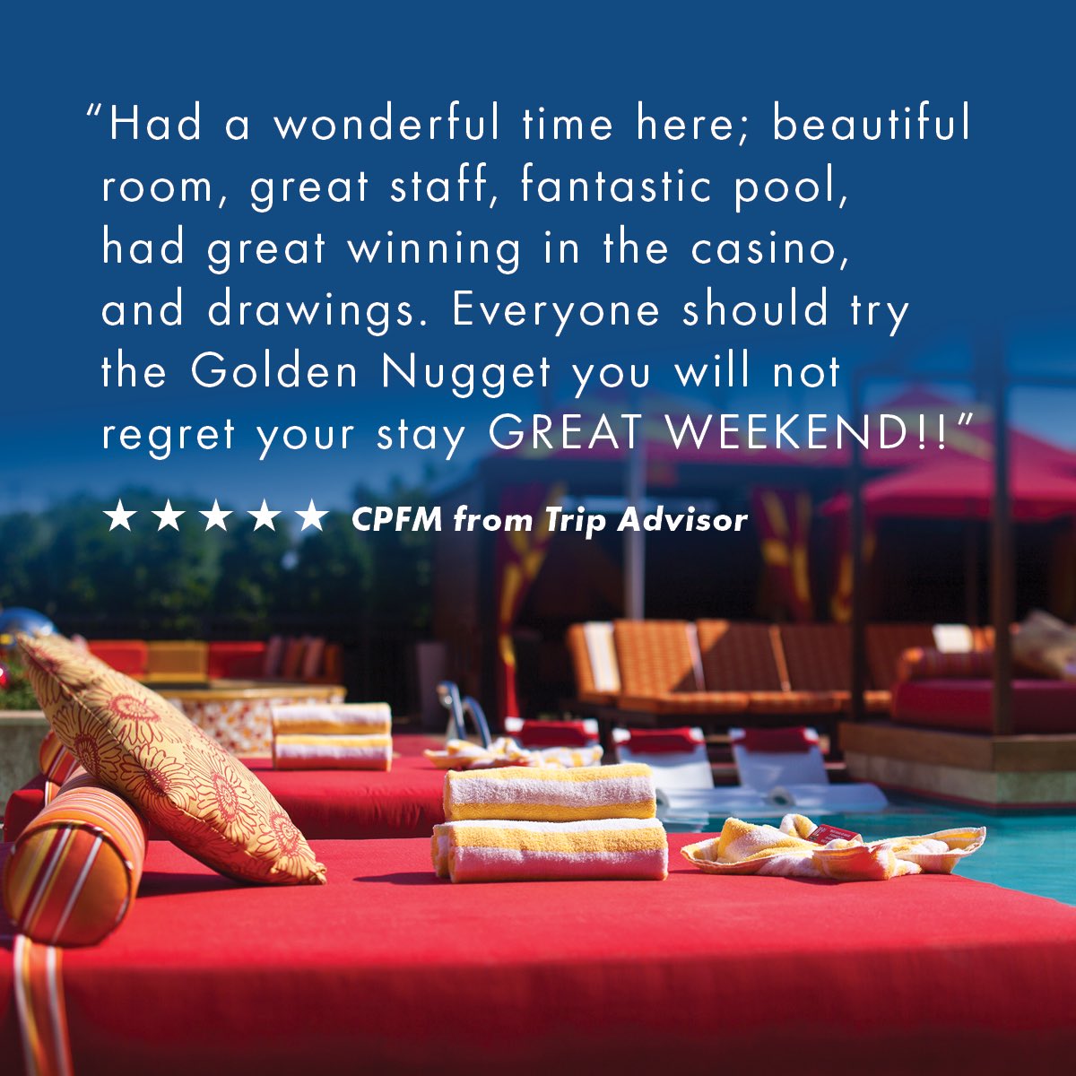 GoldenNuggetBX's tweet image. We’ve got our Monday Motivation on Trip Advisor. Thanks to our Golden Guest for sharing their 5-star experience. 

#guestsrule #tripadvisor #bestpool #5star #MondayMotivation